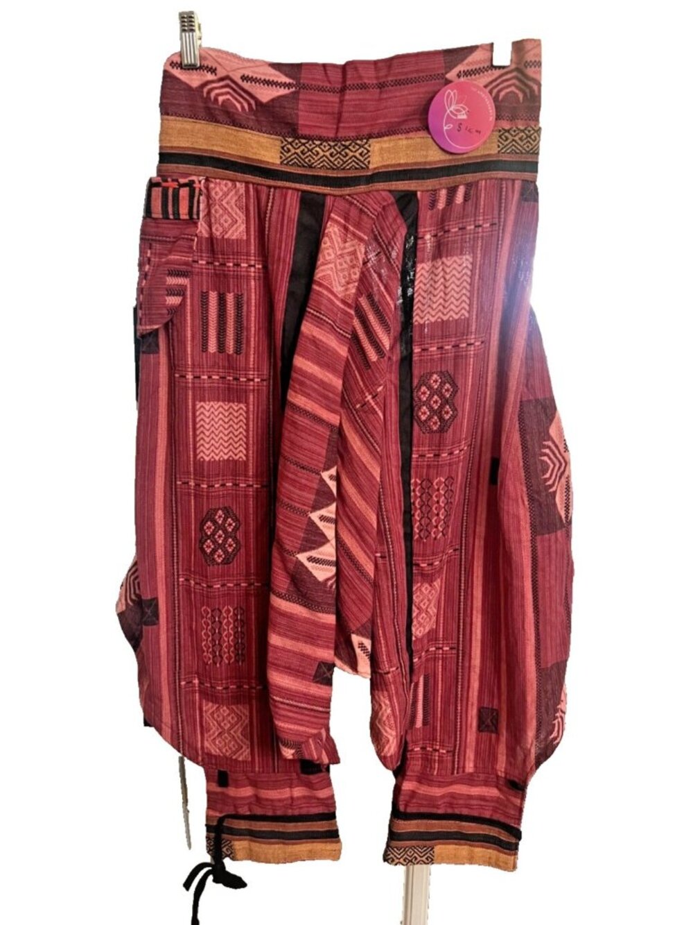 Thai Woven Cotton Harem Pants Burgundy Boho Tribal Drop Crotch Festival Trousers